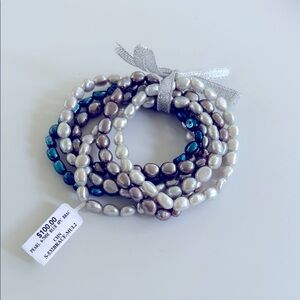 Set of 6 Multicolor 6-7MM Blue, Gray and Silver Pearl Stretch Bracelets NWT